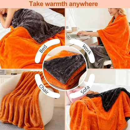 Electric Heated Blanket Throw 50" x 60" Soft Dual-Sided Flannel Fast Heating 12 Heat Levels 1–12H Timer & Overheat Protection & Auto Shut-Off & Machine Washable (Orange)