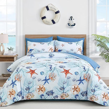 WONGS BEDDING Coastal Full Comforter Set, 7 Pieces Beach Themed Ocean Sand Dollor & Starfish Pattern Bed in a Bag, Summer Bed Comforter Bedding Set(78"×90")