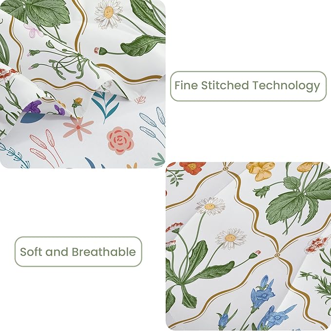 Floral Queen Comforter Set with Sheets, 7 Piece Luxury Vintage Bedding, Soft Microfiber Bed in a Bag, Cozy Lightweight Bed Set, Green Patchwork Flower Leaf