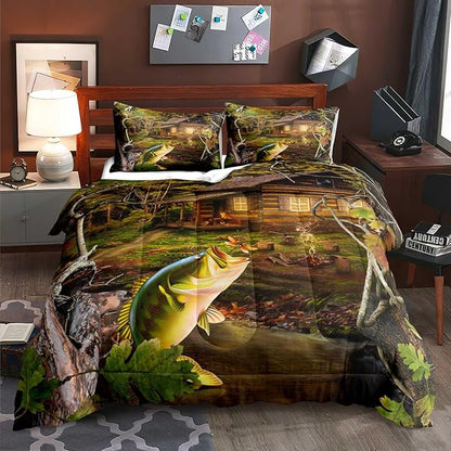LUVIVIHOME 3PCS Fishing Comforter Set Full Size, Hunting Camo Bedding, Forest Woodland Bass Fish Lake House Bedding, Rustic Cabin Country Farmhouse Bedroom Decor, Soft Microfiber Quilt, 2 Pillow Shams
