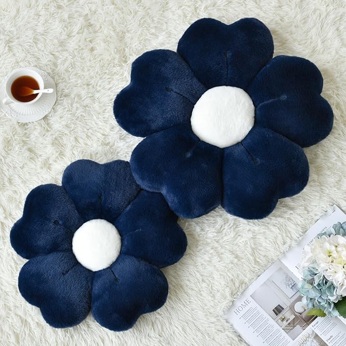 Flower Pillow, Flower Shaped Pillow Decorative Throw Pillows for Bed Couch, Cute Daisy Pillow Dorm Decor Floor Seating Cushion (Navy Blue, 15 Inches)