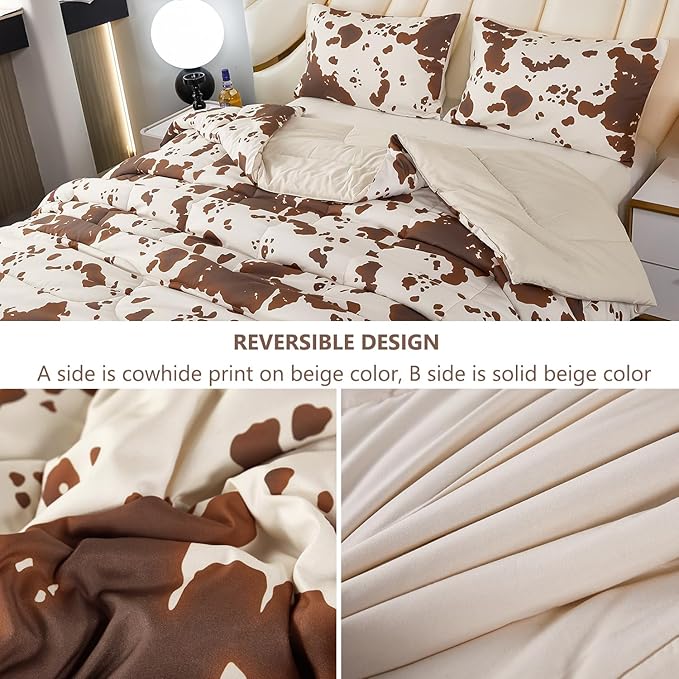 PERFEMET Cow Print Full Size Bedding Comforter Sets - 3 Pieces Brown and Beige Kids Comforter, Farmhouse Western Style Bed Set for Kids Teens Boys Girls (Beige,Full)