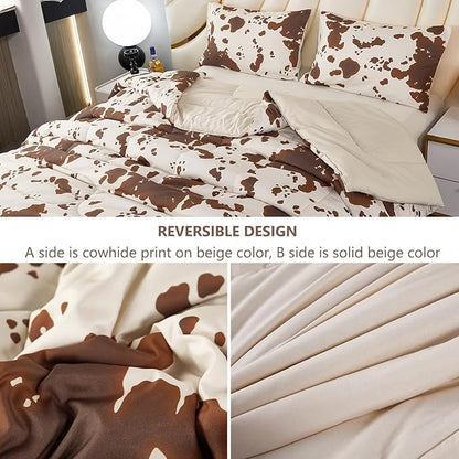 PERFEMET Cow Print King Size Comforter Set Brown and Beige Western Bedding Set Cartoon Animal Pattern Farmhouse Bed Set for Teens Boys Girls Men Women (Beige,King)