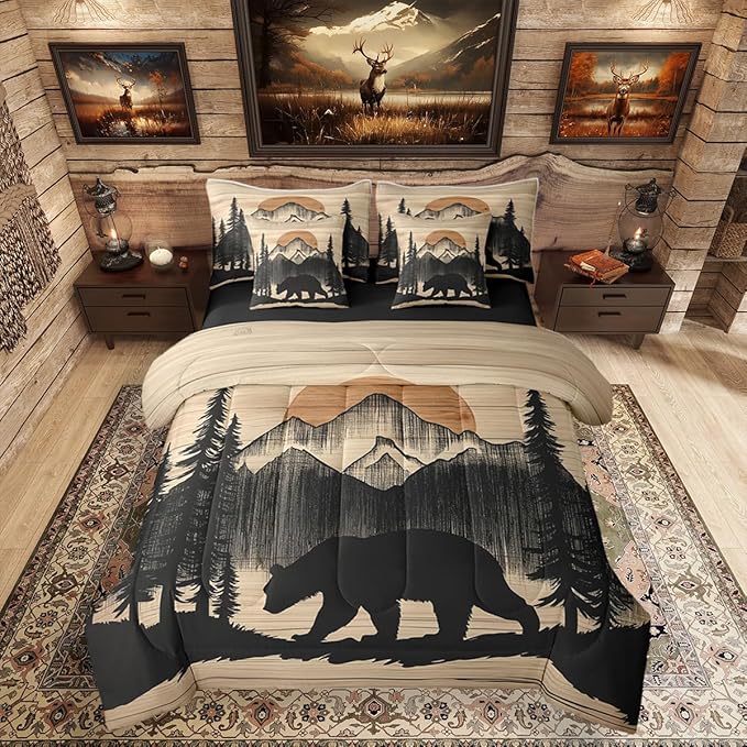 Erosebridal 7 Pieces Bear Bedding Set King Size for Kids Teens Adults - Black Woodland Forest Comforter Set with Sheets Country Bear Hunting Bed in A Bag Mountain Animal Rustic Cabin Lodge Bed Sets