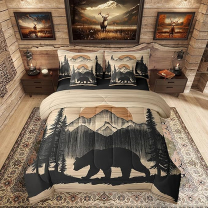 Erosebridal 7 Pieces Bear Bedding Set Twin Size for Kids Teens Adults - Black Woodland Forest Comforter Set with Sheets Country Bear Hunting Bed in A Bag Mountain Animal Rustic Cabin Lodge Bed Sets
