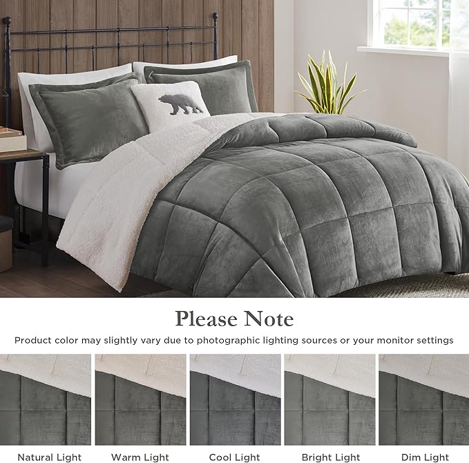 Woolrich Reversible Comforter Set Ultra Soft Plush to Sherpa, Down Alternative, Cold Weather Winter Warm Bedding, with Matching Sham, Decorative Pillow Charcoal/Ivory King 4 Piece