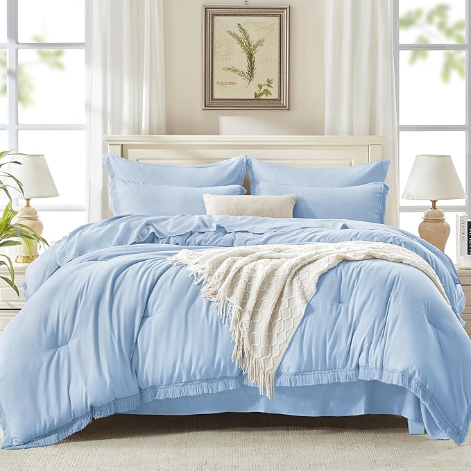 Andency California King Size Comforter Set with Sheets Light Blue - 7 Pieces Cal King Bed in a Bag Boho Bedding Sets, Bed Set with Comforter, Sheets, Pillowcases & Shams