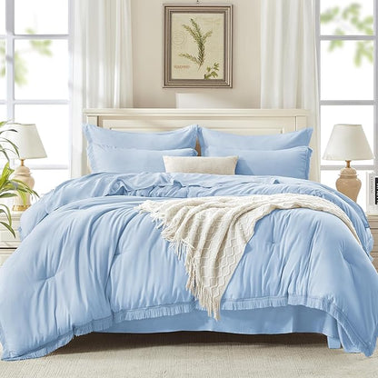 Andency Full Size Comforter Set Light Blue -7 Pieces Boho Tassel Bed in a Bag Soft Lightweight Bedding Sets, Fringe All Season Bed Set with Comforter, Sheets, Pillowcases & Shams