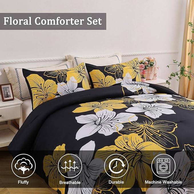 Menghomeus King Size Comforter Set Black/Gold Floral Bedding Comforter Sets Soft Microfiber Bed Comforter Set for All Season 3 Piece Botanical Flowers Comforter, Pillowcases