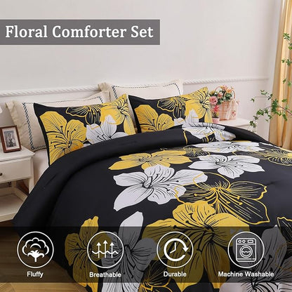 Menghomeus Queen Comforter Set Black/Gold Floral Bedding Comforter Sets Soft Microfiber Bed Comforter Set for All Season, 3 Piece Botanical Flowers Comforter, Pillowcases