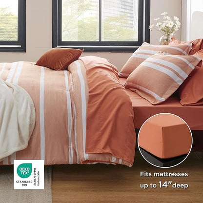 Bedsure Twin Comforter Set 5 Pieces, Burnt Orange Striped Bedding Set for All Seasons, Reversible, Cationic Dyeing Bed in a Bag with Comforter, Sheets, Pillowcase & Sham