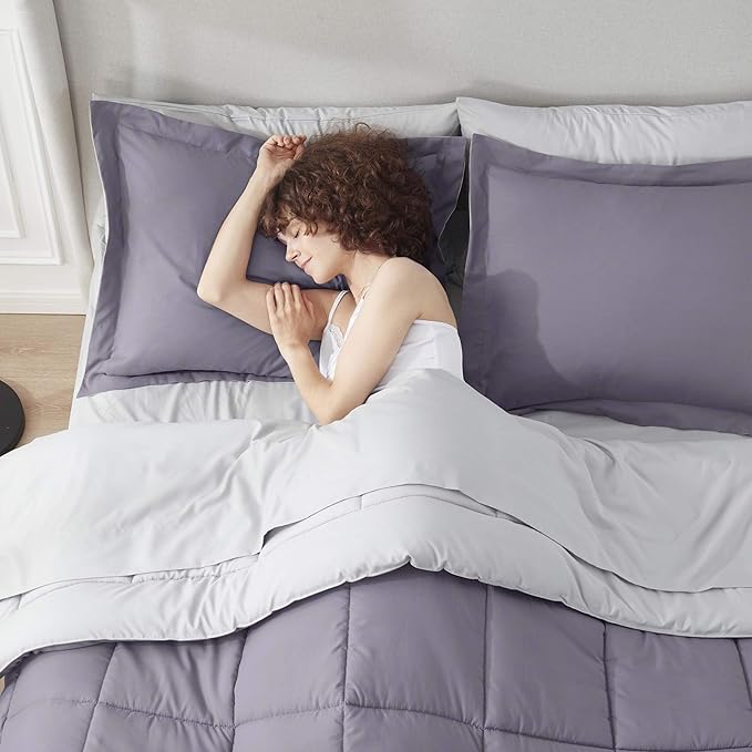 Nestl 7 Piece California King Comforter Set – Grayish Purple Reversible Bed in a Bag – Complete Cal King Size Bedding Set with Sheets, Pillowcases and Shams