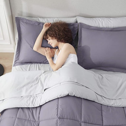 Nestl 7 Piece California King Comforter Set – Grayish Purple Reversible Bed in a Bag – Complete Cal King Size Bedding Set with Sheets, Pillowcases and Shams