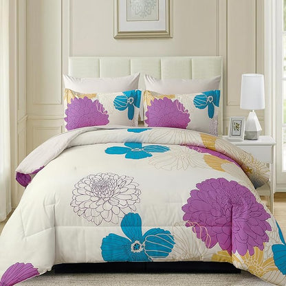 Yiran Pink Teal Beige Comforter Set King Size,7 Pieces Bed in a Bag Colourful Floral Comforter Boho Microfiber Lightweight Bedding Set for All Season (104''x90'')