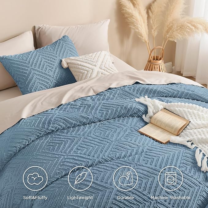 Andency Grayish Blue Comforter Set Queen Size, Lightweight Fluffy Bedding Comforter Sets for Queen Bed, 3 Pieces Tufted Farmhouse Bed Set for All Seasons (1 Comforter 90x90In, 2 Pillowcases)