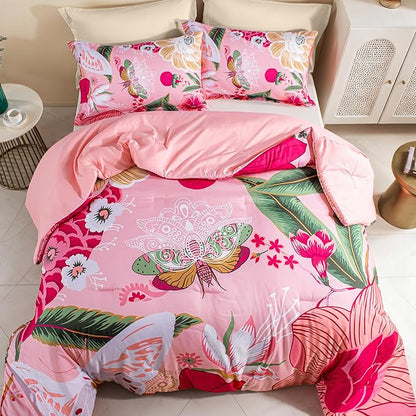 Pink Boho Floral King Comforter Set - 3 Piece Farmhouse Botanical Bedding Comforter Sets for All Season Soft Lightweight Mid Century Modern Bed Set, (1 Reversible Comforter and 2 Pillow Shams