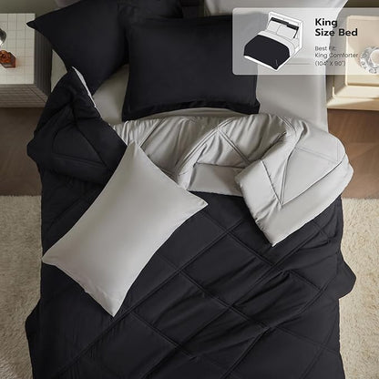 JOIEDOMI King Size Comforter Set with Sheets Black, 7 Pieces King Bedding Set with 1 Down Alternative Comforter, 1 Flat Sheet, 1 Fitted Sheet, 2 Pillowcases and 2 Pillow Shams Bed in a Bag All Seasons