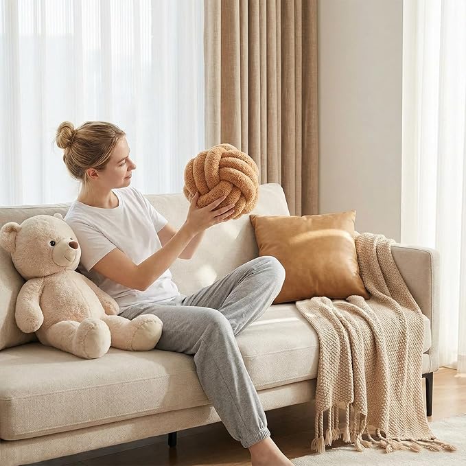 Knot Pillow Ball Plush - Decorative Throw Pillows for Bed Relieve Stress, Round Knot Cushion for Sofa Decor Pet Toy, Khaki 8 inch