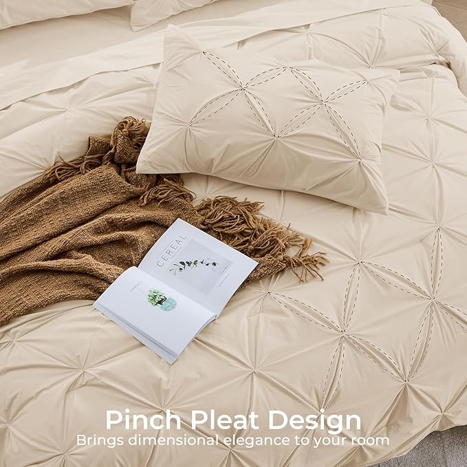 Sasttie Queen Comforter Set, 7-Piece Bed in a Bag, Pintuck Bedding Sets for All Season, Includes Comforter, Flat Sheet, Fitted Sheet, Pillowcases and Pillowshams, Warm Beige