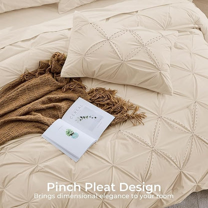 Sasttie California King Comforter Set, 7-Piece Bed in a Bag Cal King, Pintuck Bedding Set for All Season, Includes Comforter, Flat Sheet, Fitted Sheet, Pillowcases and Pillowshams, Warm Beige