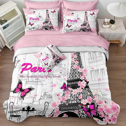 Pink Paris Comforter Set Eiffel Tower France Bedding Comforter King Size Bed in a Bag with Pink Sheet Set Cherry Blossom Butterfly Women Girls King Bed Set