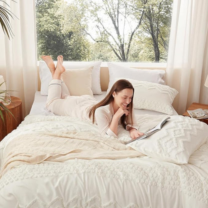 Luxudecor Boho Tufted Comforter Set Queen Size 3 Pieces Ivory White Shabby Chic Comforter Farmhouse Embroidery Bedding Set Soft Comforter for All Seasons (Ivory White, 90''x90'')