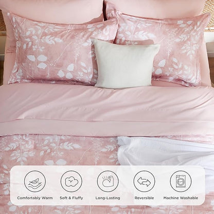 Bedsure Full Size Comforter Set - 7 Pieces Floral Pink Soft Bedding Sets, Full Bed in a Bag with Botanical Flowers Comforter, Sheets, Pillowcases & Shams