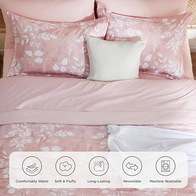Bedsure King Size Comforter Set - 7 Pieces Floral Pink Soft Bedding Sets, King Bed in a Bag with Botanical Flowers Comforter, Sheets, Pillowcases & Shams