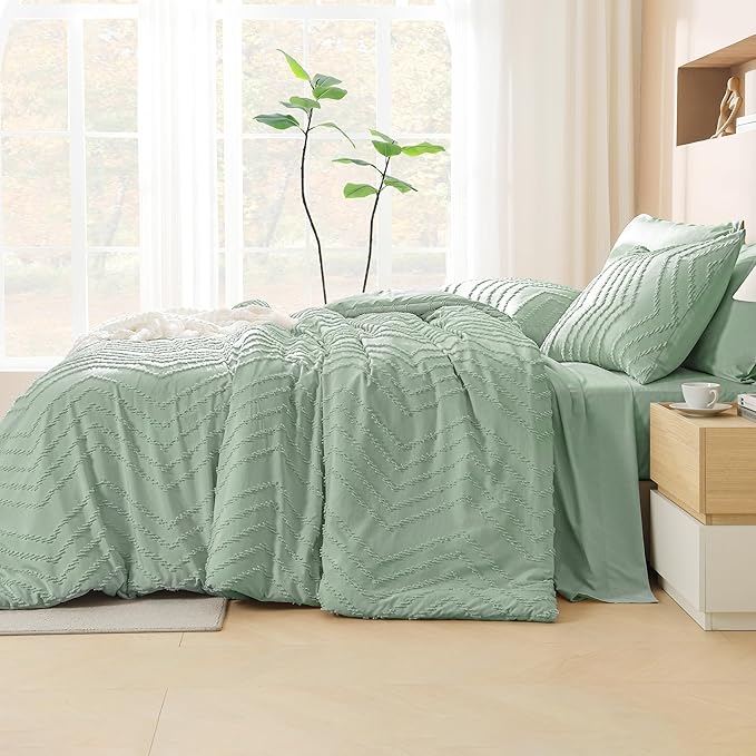 Litanika Oversized King Size Comforter Set with Sheets Sage Green - 7 Pieces Bed in a Bag Oversized King Boho Tufted Complete Bedding Sets with Comforter, Sheets, Pillowcases & Shams