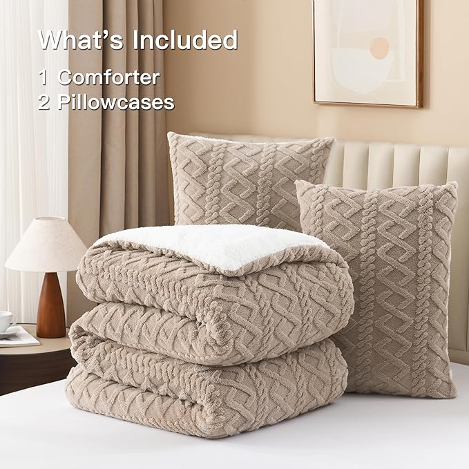 Andency Fluffy Sherpa King Comforter Set, Super Soft Khaki Fleece Warm Bedding for Winter, Luxury Jacquard Boho Thick Fuzzy Plush Bed Set 3 Pieces(1 Shaggy Comforter, 2 Pillowcases)