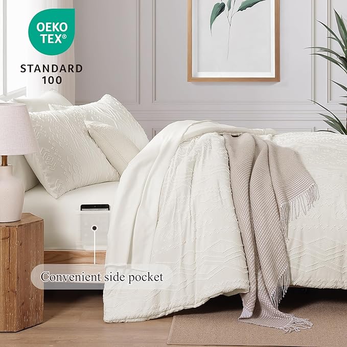 Queen Comforter Set White, Tufted Boho Bedding Farmhouse Bed Set, All Season 7 Pieces Bed in a Bag with Sheets, Pillowcases & Shams