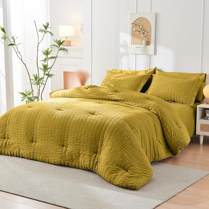 HYMOKEGE Mustard Yellow California King Comforter Set Seersucker 7 Pieces, All Season Luxury Bed in a Bag for Bedroom, Bedding Set with Comforter, Sheets, Pillowcases & Shams