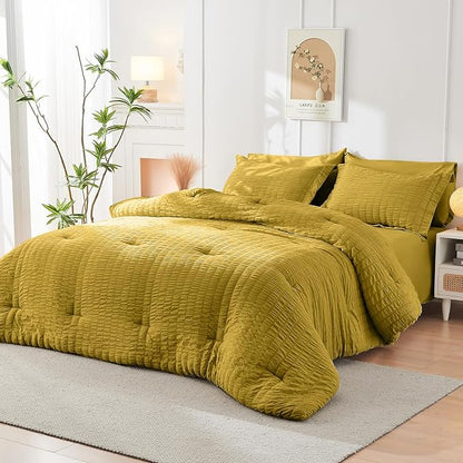 HYMOKEGE Mustard Yellow Queen Comforter Set Seersucker 7 Pieces, All Season Luxury Bed in a Bag Queen for Bedroom, Bedding Set with Comforter, Sheets, Pillowcases & Shams