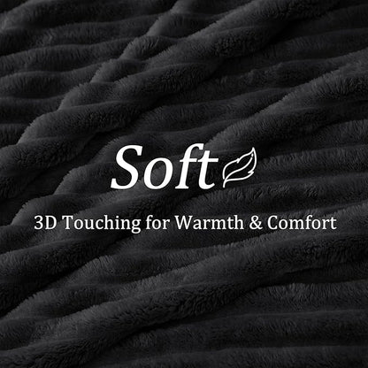 BEDELITE Fleece Throw Blanket for Couch - 300GSM Soft & Warm Fluffy Black Blanket, Decorative and Giftable Striped Blankets for Women, Men, 50"x70"
