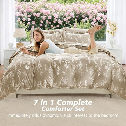 MUXHOMO Taupe Full Comforter Set, Elegant Floral Print Bed in a Bag 7 Pieces, Ultra Soft & Breathable Reversible Botanical Pattern Bedding Set with Comforter, Sheets, Pillowcases, and Shams
