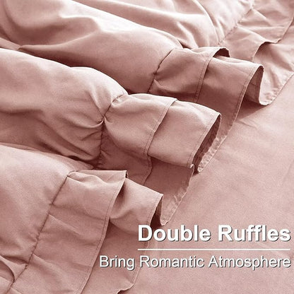 Pink Comforter Set Full Size 3 Pieces for All Season 1 Comforter and 2 Pillowcases Solid Pinch Pleated Ruffles Quilt Princess Shabby Chic Washed Soft Cozy Fluffy Full Bedding Sets for Bedroom