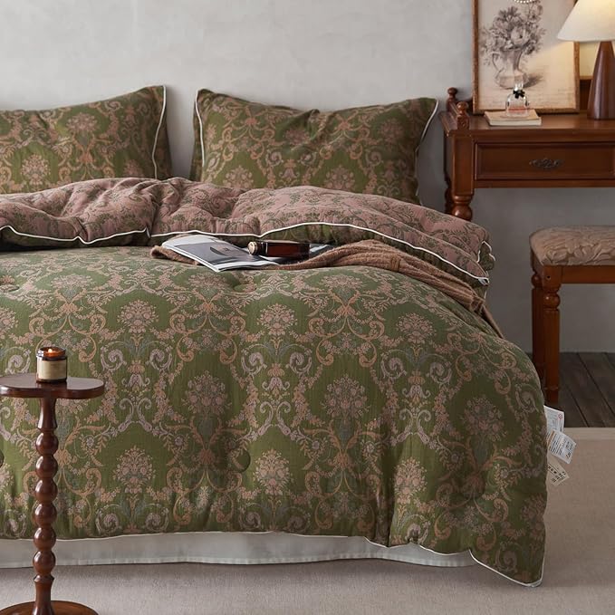 mixinni Muslin Cotton Vintage Olive Green Floral Comforter Set Full Size 3pcs Yarn Dyed Jacquard Weave Paisley Pattern Bedding Comforter Soft Breathable Bedding Sets for All Season-Full Size