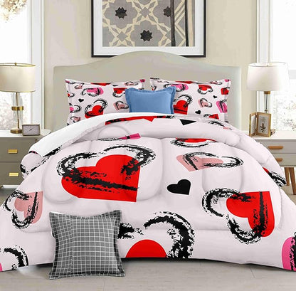 Red Heart Purple Background Queen Size Comforter Set with 2 Pillowcases, Valentine Heart Black Pink Printed Pillow Shams Soft 3 Pcs Bedding for Kids and Adults Bedroom Bed Decor Dormroom All Season