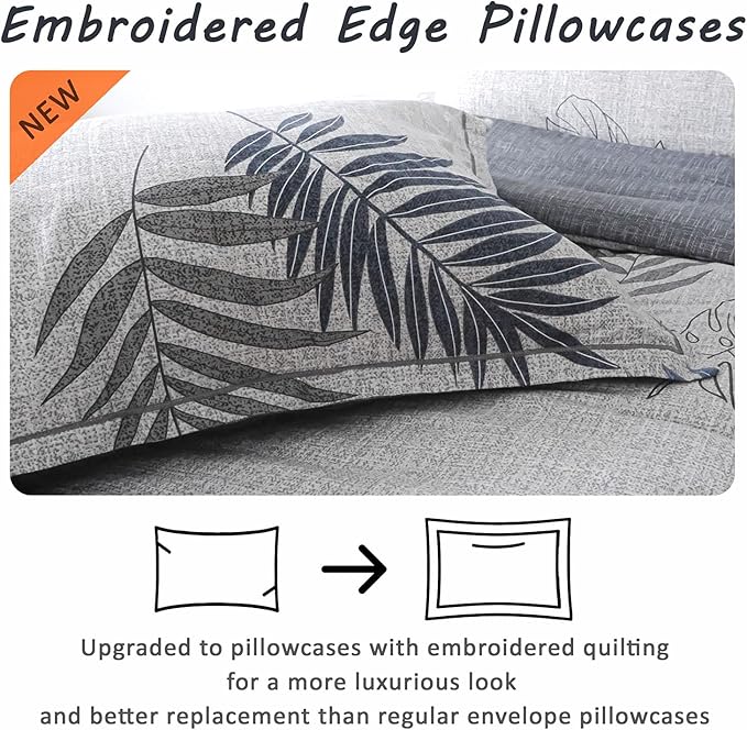 ALESSEL Natural Cotton 3pcs Botanical Comforter Set - Queen Size, Dark Gray Comforter with Blue & Gray Leaves, Reversible Lightweight Floral Bedding Sets