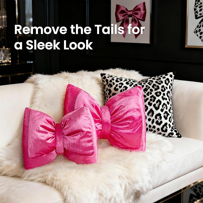 AELS Bow Pillow Decorative Throw Pillow Set of 2, Shining Velvet Cute Pillow Cute Pillow for Valentine's Day, Wedding, Christmas, Living Room, Bedroom, Nursery Decor, Hot Pink