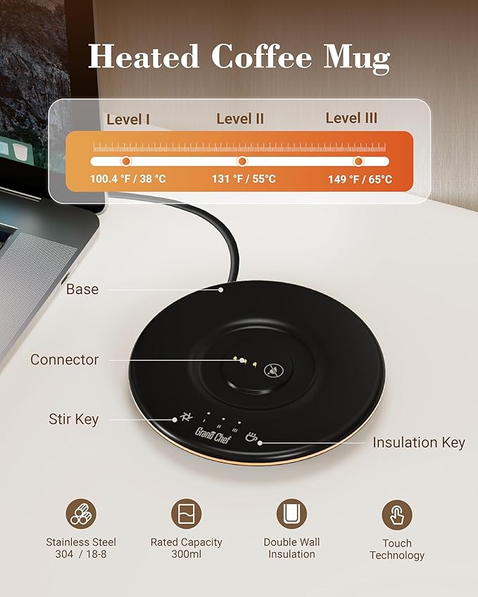 Self-Heating Coffee Mug, Coffee Mug with Self Stirring&Fast Heating, 10oz Temperature Controlled Coffee Cup Warmer, Heated for Tea/Coffee at Office/Kitchen/Travel, with Reusable Coffee Dripper, Black