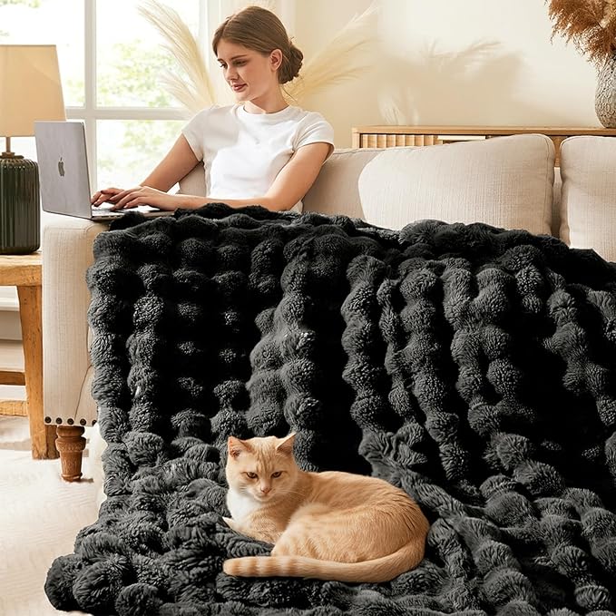 L'AGRATY Faux Rabbit Fur Blanket: 60" x 80" Twin Luxury Soft Fluffy Thick Fur Throw Blanket for Couch Bed Sofa - Cozy Plush Bubble Blankets for Winter: Flannel Fleece Decorative Blanket(Black)
