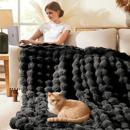 L'AGRATY Faux Rabbit Fur Blanket: 60" x 80" Twin Luxury Soft Fluffy Thick Fur Throw Blanket for Couch Bed Sofa - Cozy Plush Bubble Blankets for Winter: Flannel Fleece Decorative Blanket(Black)