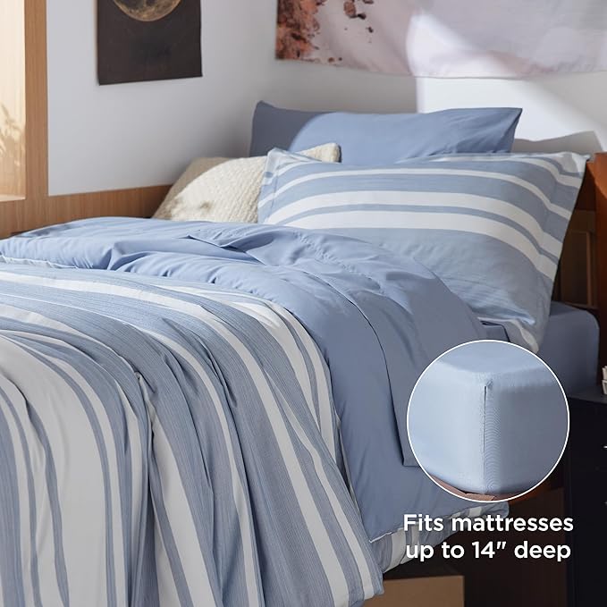 Bedsure Twin XL Comforter Set 5 Pieces, Blue Striped Bedding Set for All Seasons, Reversible, Cationic Dyeing Bed in a Bag with Comforter, Sheets, Pillowcase & Sham
