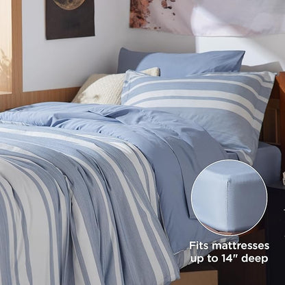Bedsure Twin XL Comforter Set 5 Pieces, Blue Striped Bedding Set for All Seasons, Reversible, Cationic Dyeing Bed in a Bag with Comforter, Sheets, Pillowcase & Sham
