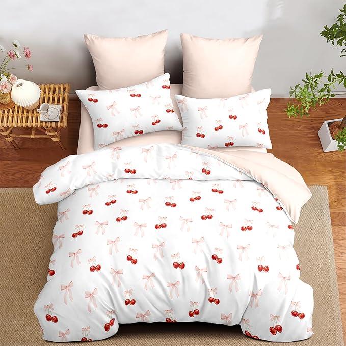 Nayoroom Pink Bow Comforter Set Full Size Reversible Red Cherry Comforter 3 Pieces Soft Lightweight Kids Girls Cute Aesthetic Dorm