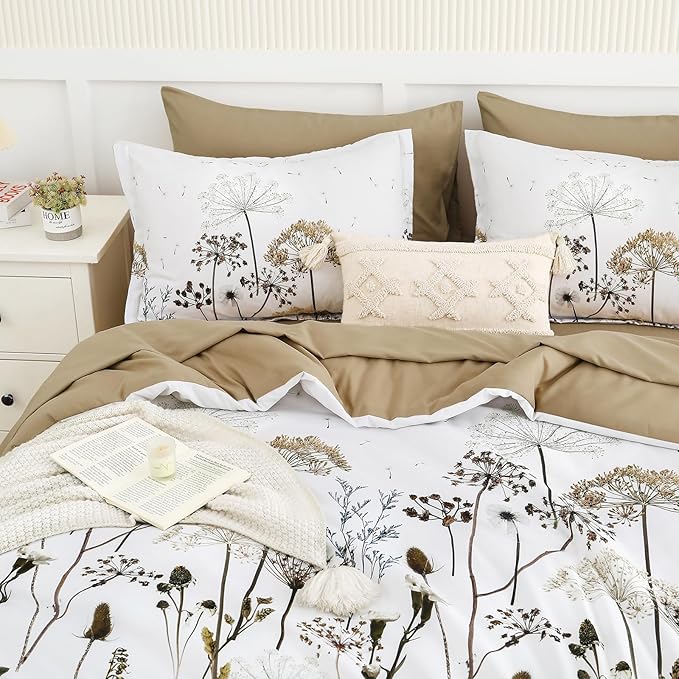 Yiran Khaki Floral Comforter Set Queen Size, 7 Piece Dandelion Botanical Plant Comforter Bedding Set, Bed in a Bag Queen, Soft Microfiber Complete Bedding Set with Sheets for All Season
