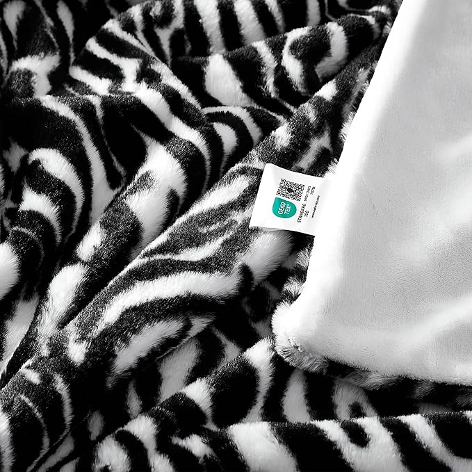JONIYEAR Fuzzy Zebra Print Faux Rabbit Fur Blanket Twin Size 60" x 70",Double Sided Soft Thick Warm Shaagy Fluffy Blankets for Winter, Oversized Cozy Plush Animal Blanket for Women, White and Black