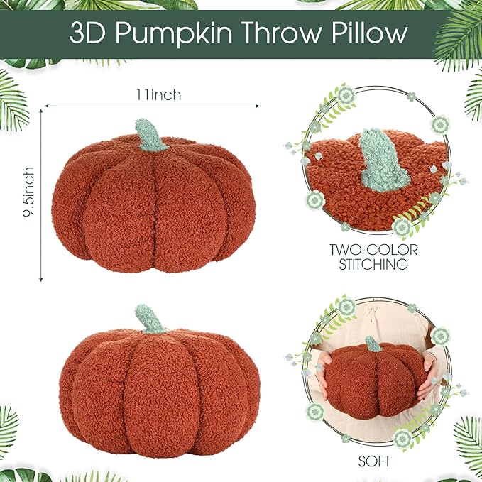 Kajaia 2 Pcs Pumpkin Pillow Plush 11 x 9.5 Inch 3D Cushion Fall Decorations Simulated Stuffed Throw Pillows for Halloween Thanksgiving Bedroom Sofa Couch Supplies (Yellow,Brown)