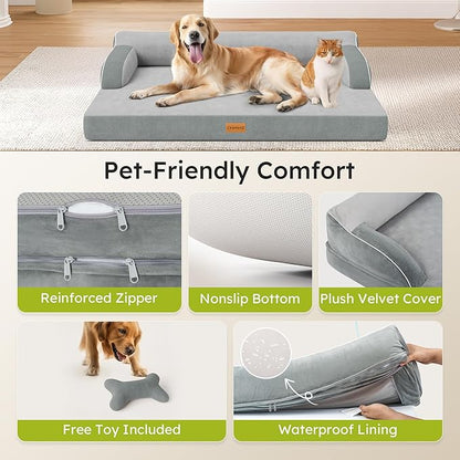 XXL Orthopedic Dog Bed, Big Dog Bed for Large Dogs, Dual-Sided Pet Cooling Beds with Memory Foam Washable Cover Nonslip Bottom, Waterproof Pet Couch with Bolsters, Light Grey